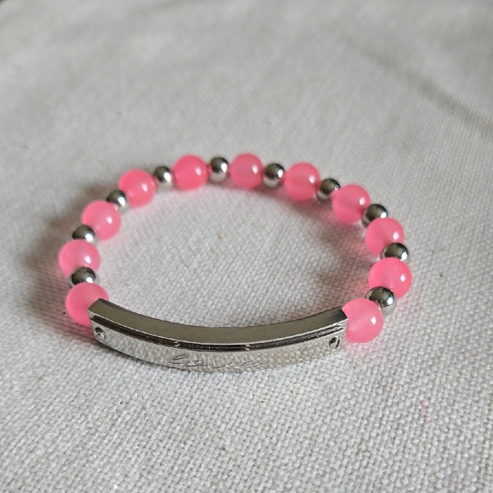 Rustic Cuff Pink and Silver Beaded Bracelet With Metal LOVE bar.